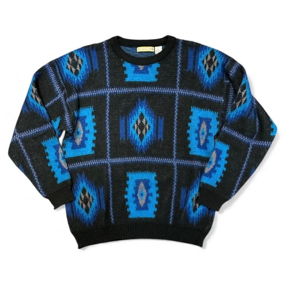 Vintage Adam Sloane Sweater Mens L Blue Aztec Southwest Pullover Knit 80s 90s